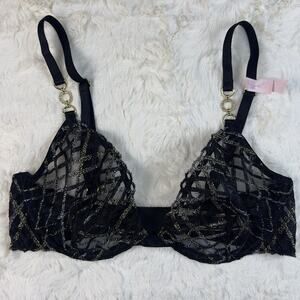 Victoria's Secret Dark Black Mesh Lace Shimmery Demi Bra 32B Gold Detail NWT